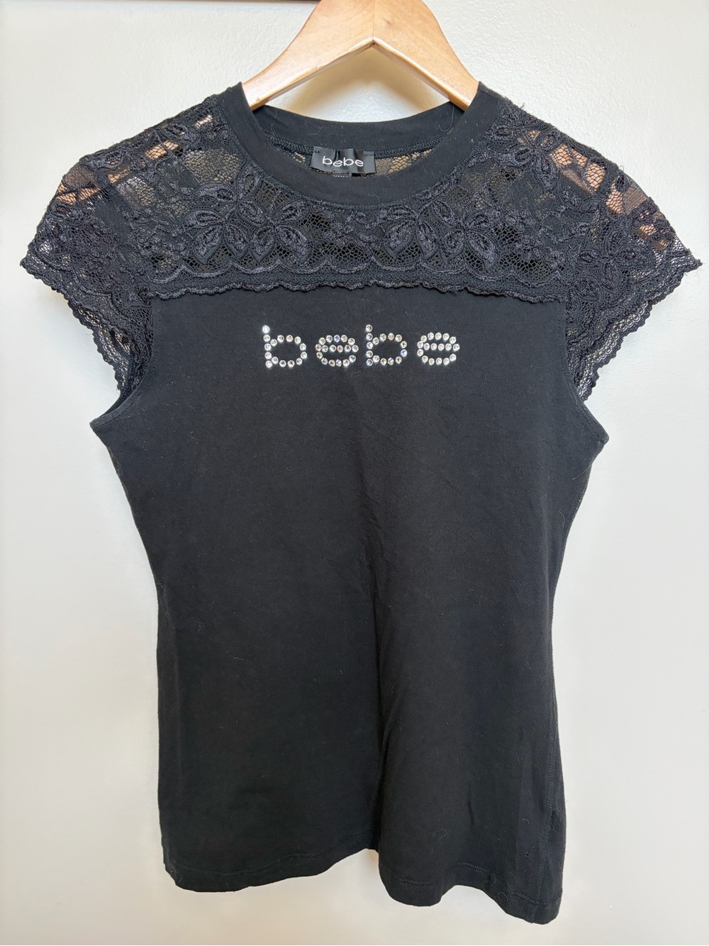 bebe Black Lace-Cap Rhinestone Logo Tank Top
